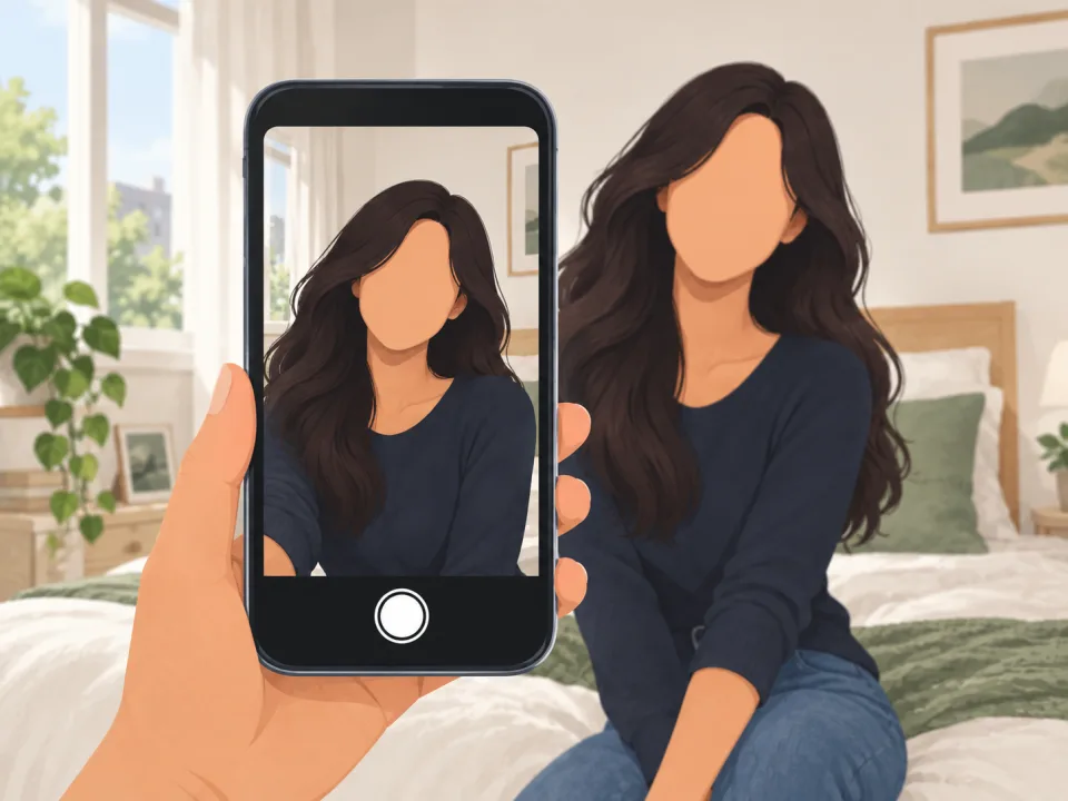 An adult character photographed on a phone in normal indoor light
