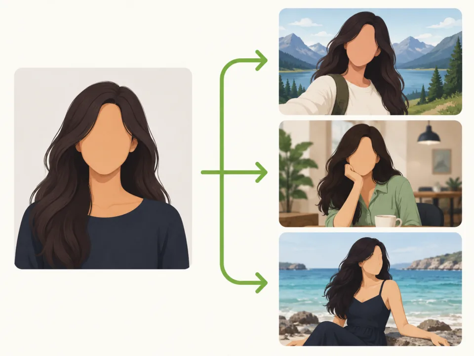 One adult character photo leading to three photos with different poses and places