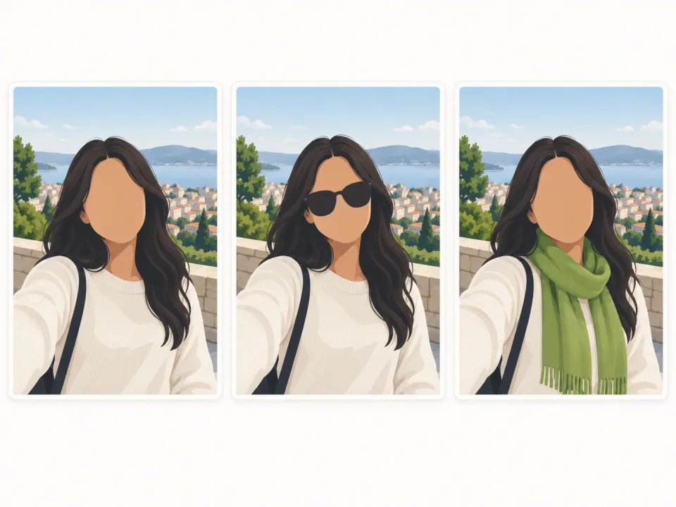 Three phone photos of the same adult character with one small change