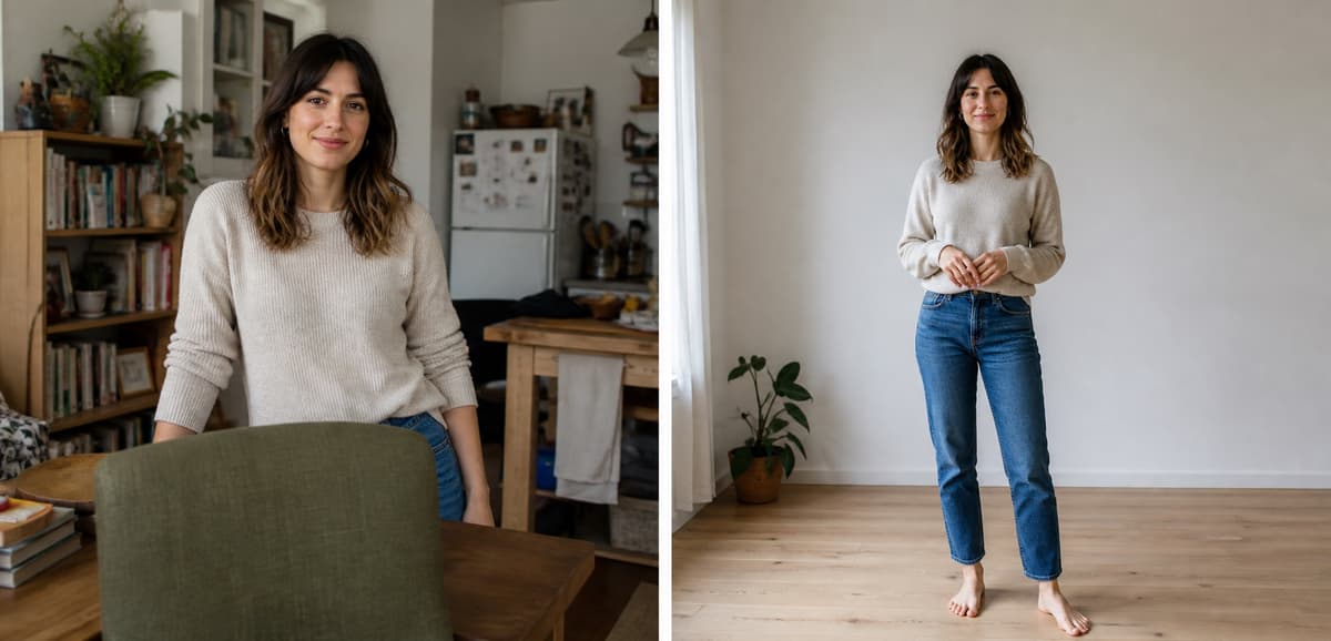 The same adult woman shown in a cluttered obstructed source image on the left and a clean unobstructed source image on the right