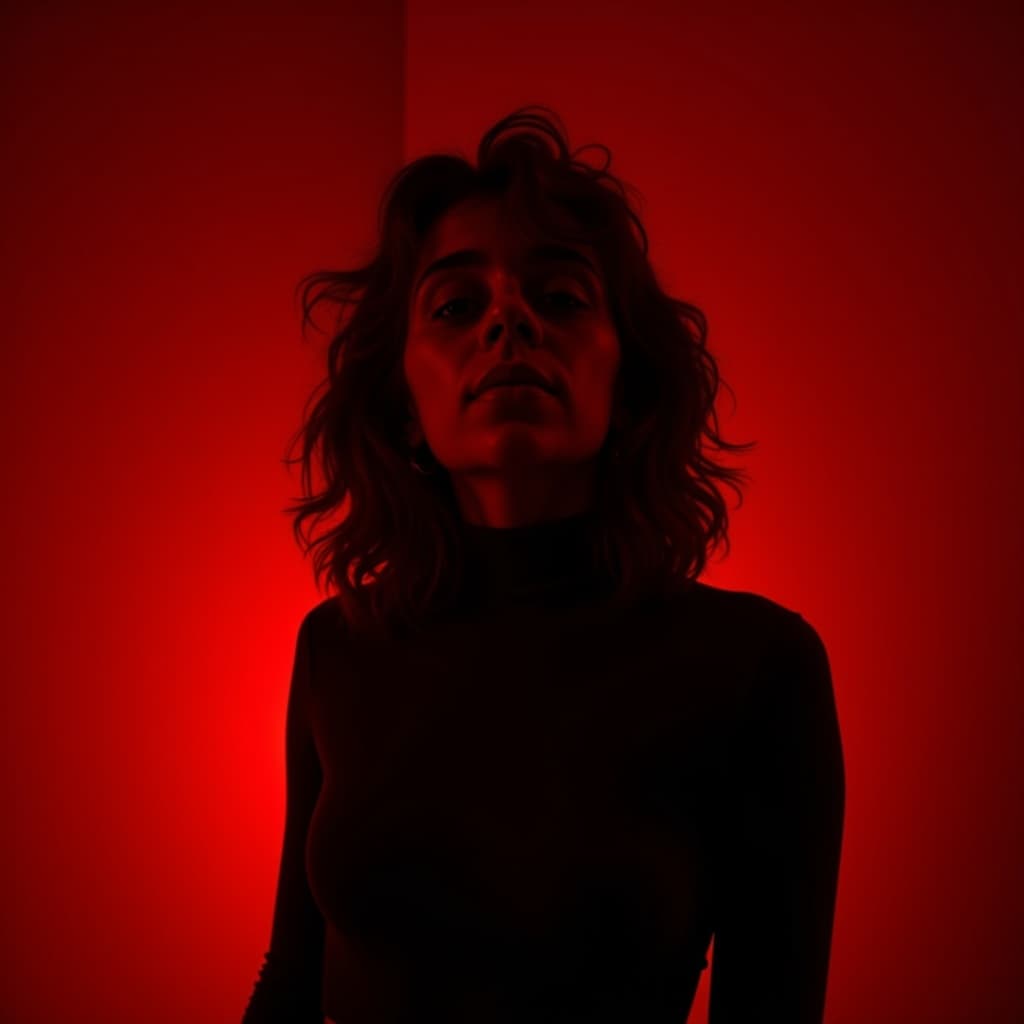 A nude model in deep red silhouette against a dark gradient backdrop