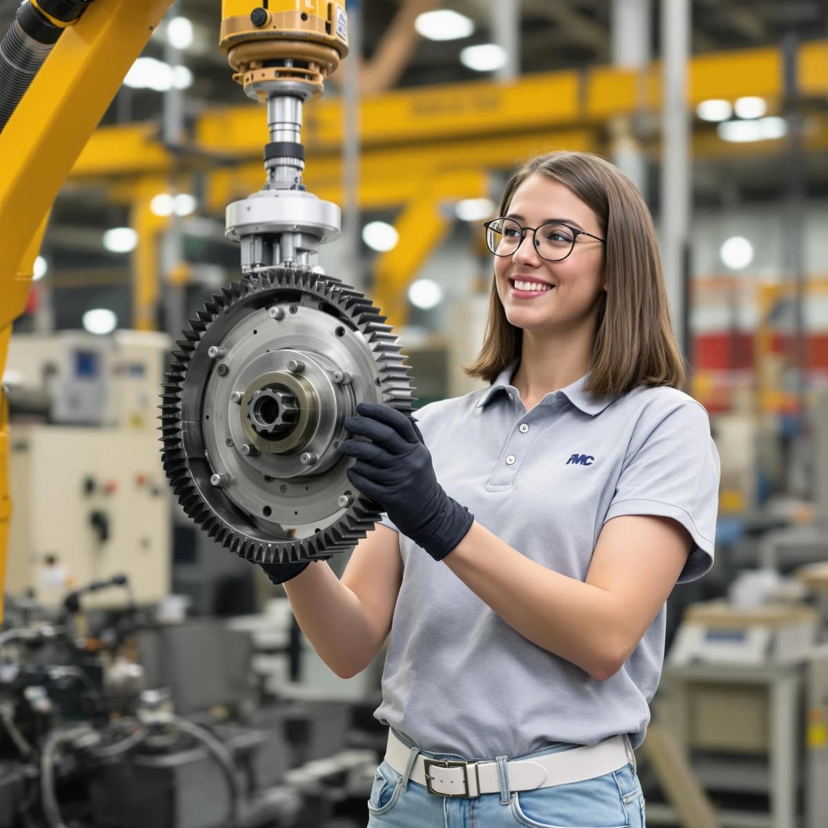 A young light-skinned woman with brown hair and glasses examines a large metal gear in a factory.