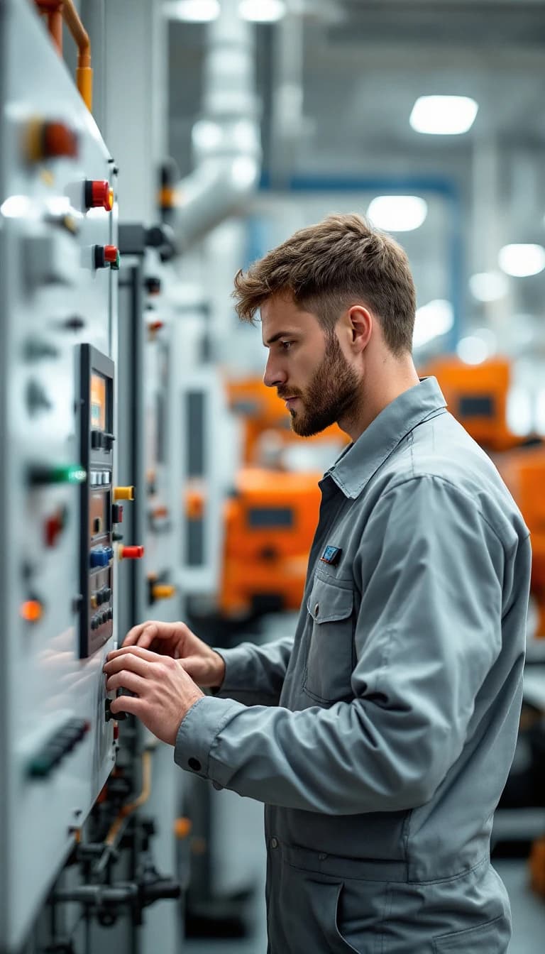 A light-skinned man in a gray work uniform focuses intently on a control panel in a bright factory.
