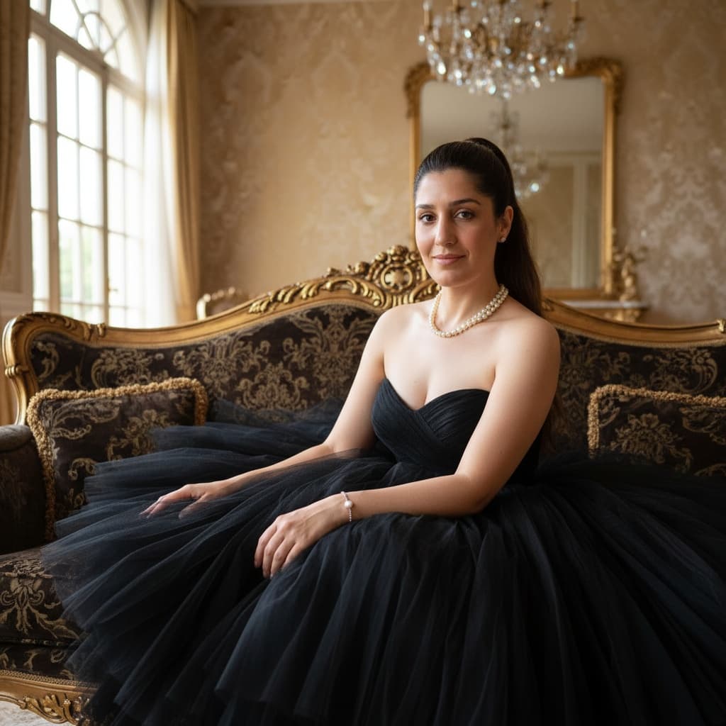 Elegant woman in strapless black tulle gown seated gracefully on an ornate couch, illuminated by natural light.