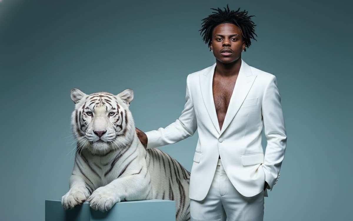 Portrait of a person in a white tuxedo standing beside a white tiger, with a soft blue-grey background.