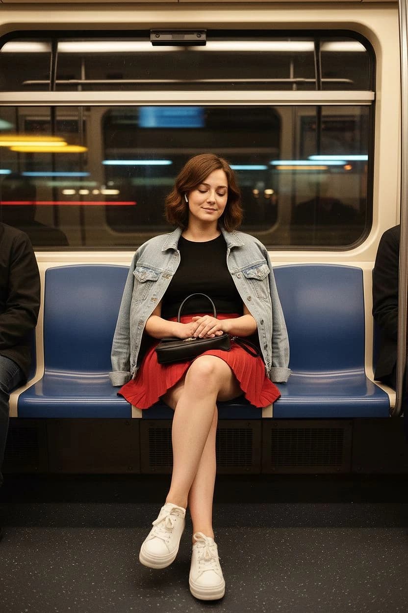 A woman in a red mini skirt and black top seated in the subway, calm expression with earbuds, city lights glimmering behind.