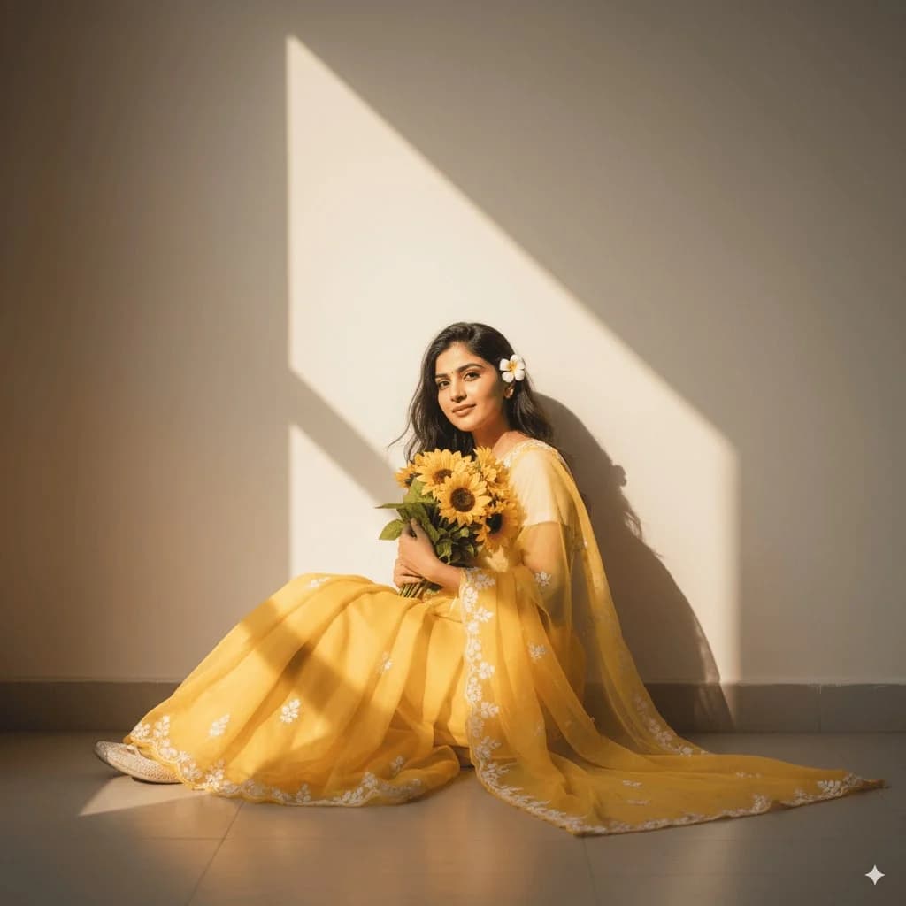 Soft sunlit portrait in a flowing yellow saree, with sunflowers and gentle expressions.