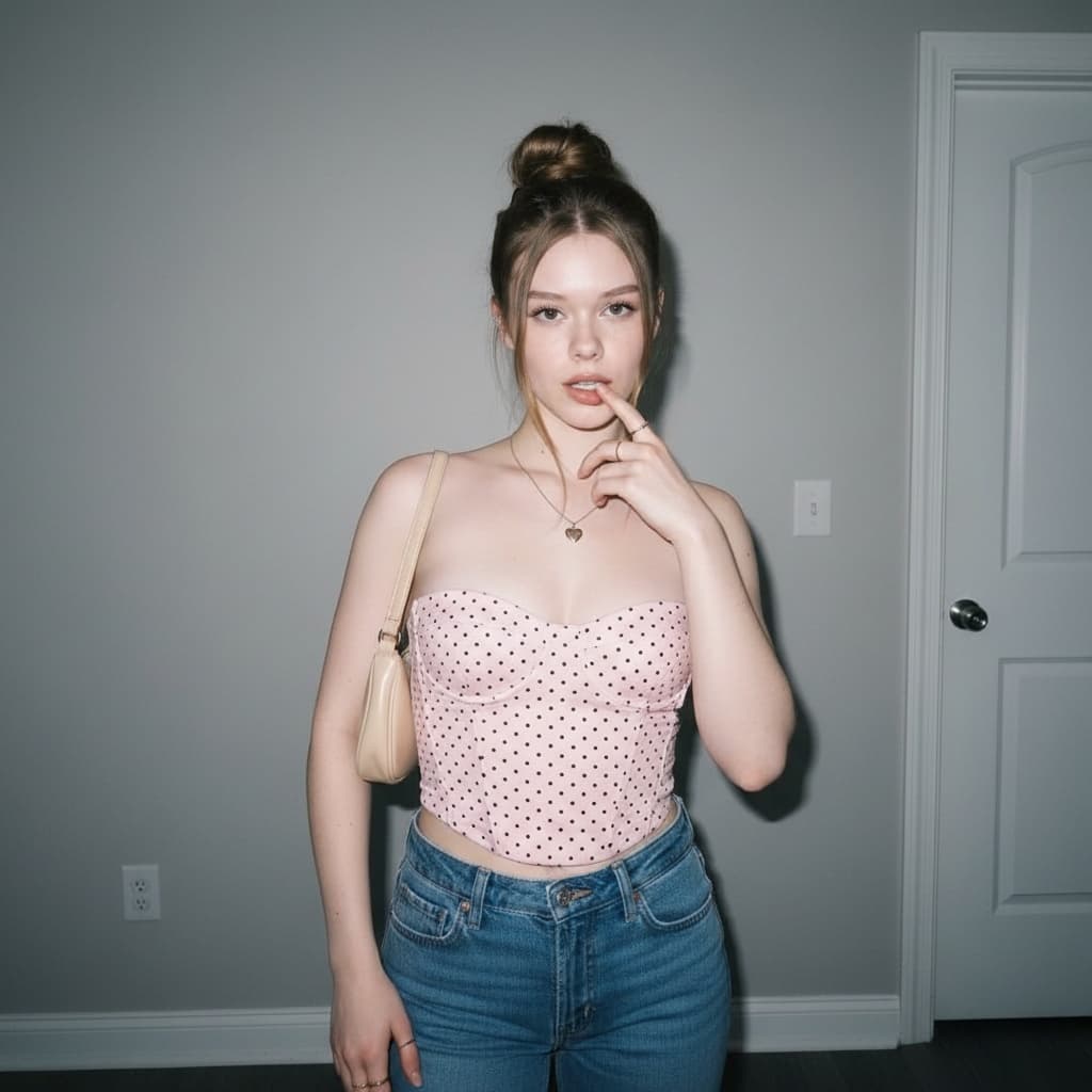 Mila posed in a light pink strapless corset top and denim jeans, sitting relaxed in an armchair.