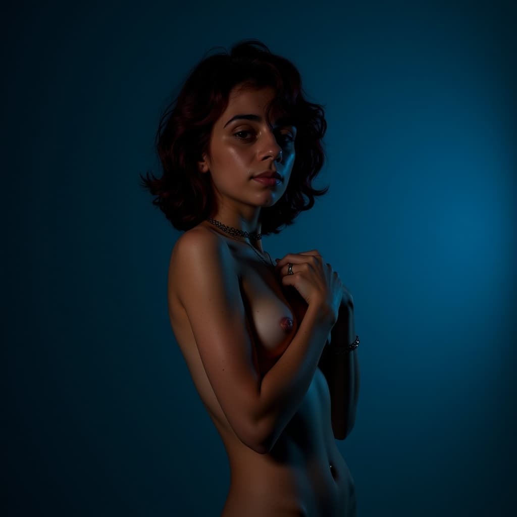 Elegant pose of a model in luxury lingerie with a calm gaze against a dramatic gradient backdrop.