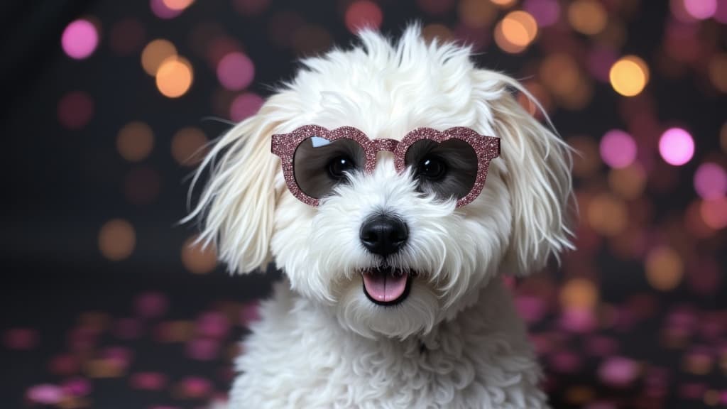 adorable dog wearing sparkling 2025-shaped sunglasses under studio lights