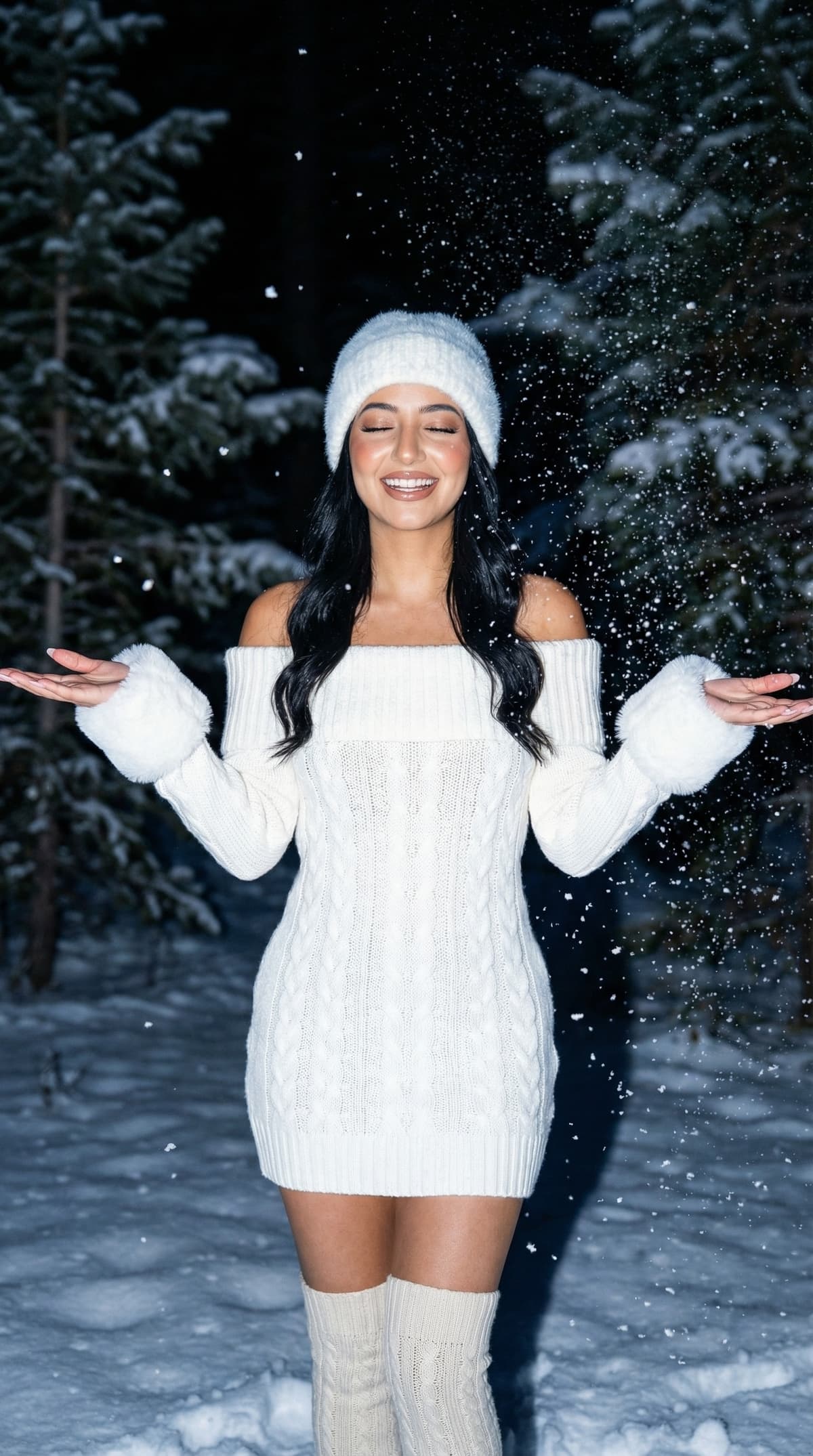 Female model in a white fuzzy faux-fur hat and knitted dress, holding snow in a snowy evergreen forest at night.
