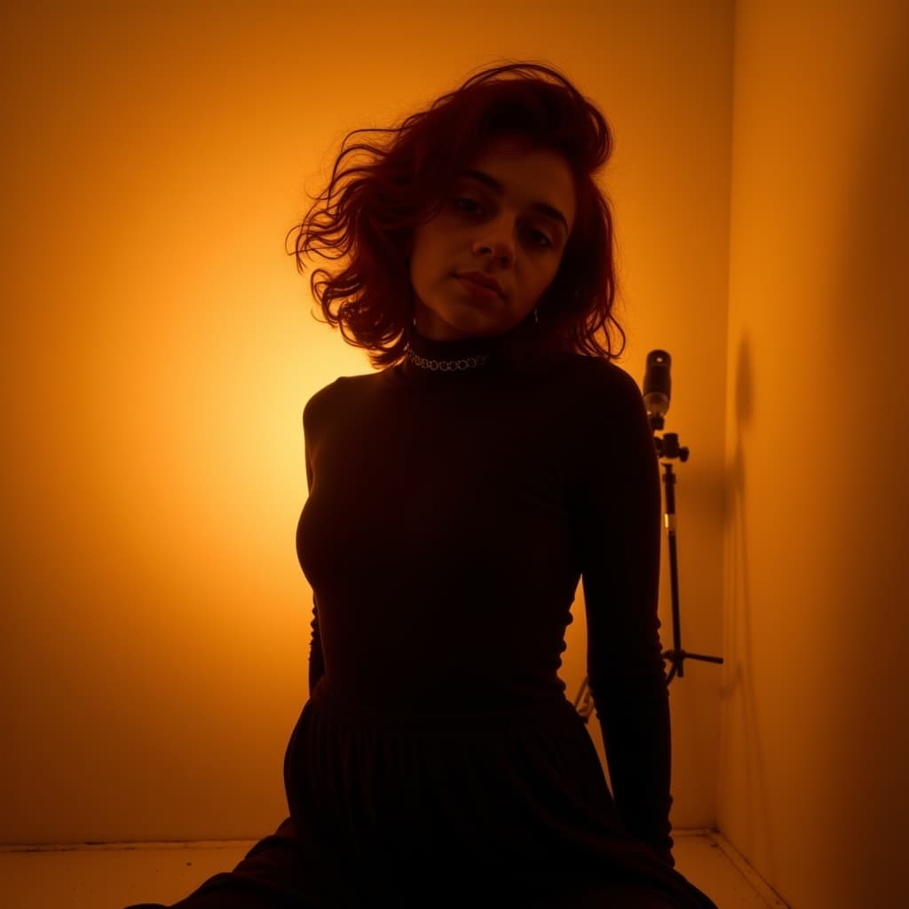 Professional female model in flowing black turtleneck against a sepia backdrop, striking a profound gaze.