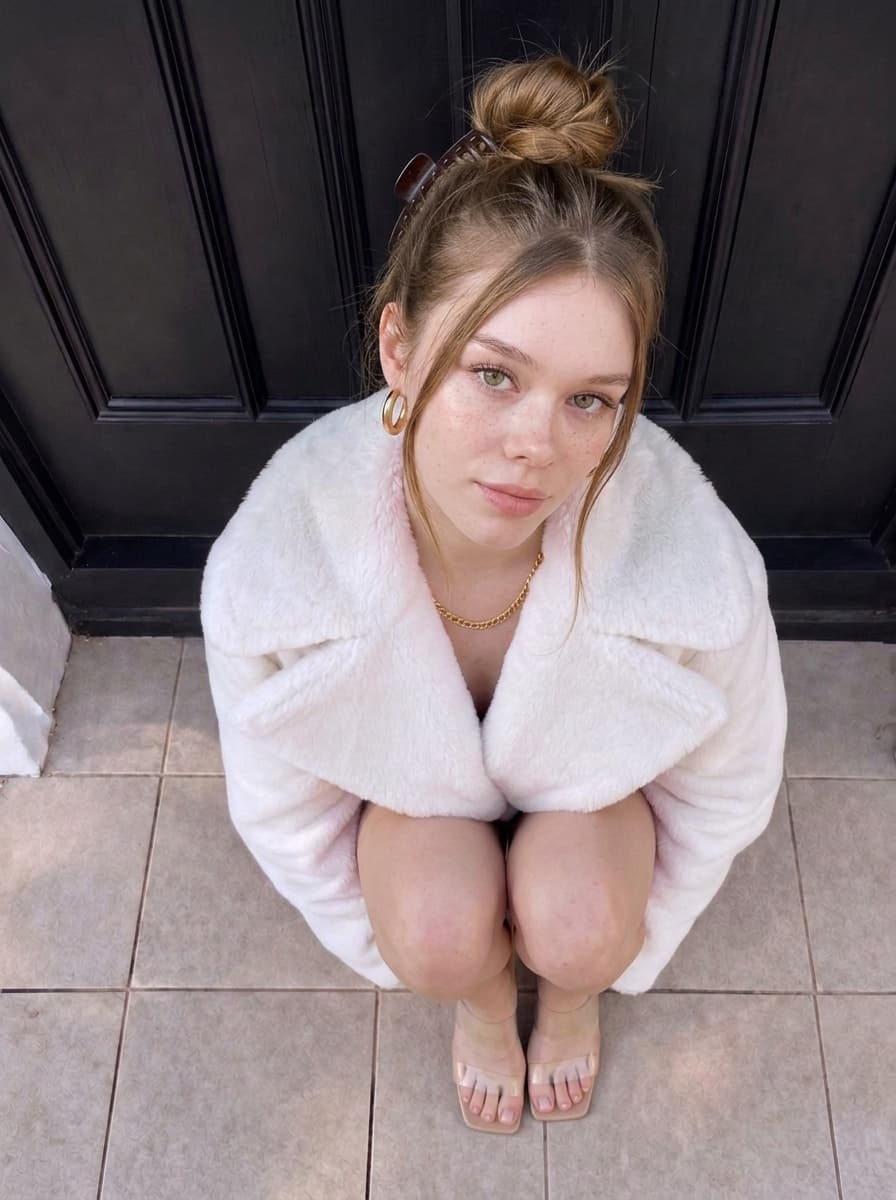 High-angle portrait of woman crouching in white faux fur coat by black door.