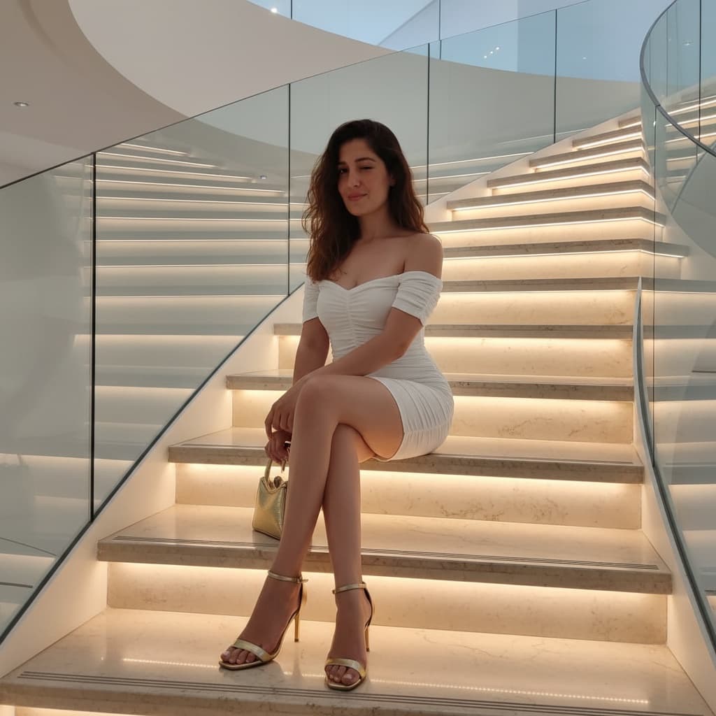 Medium shot of a person in a short white dress sitting on marble steps, holding a gold handbag under warm lighting.