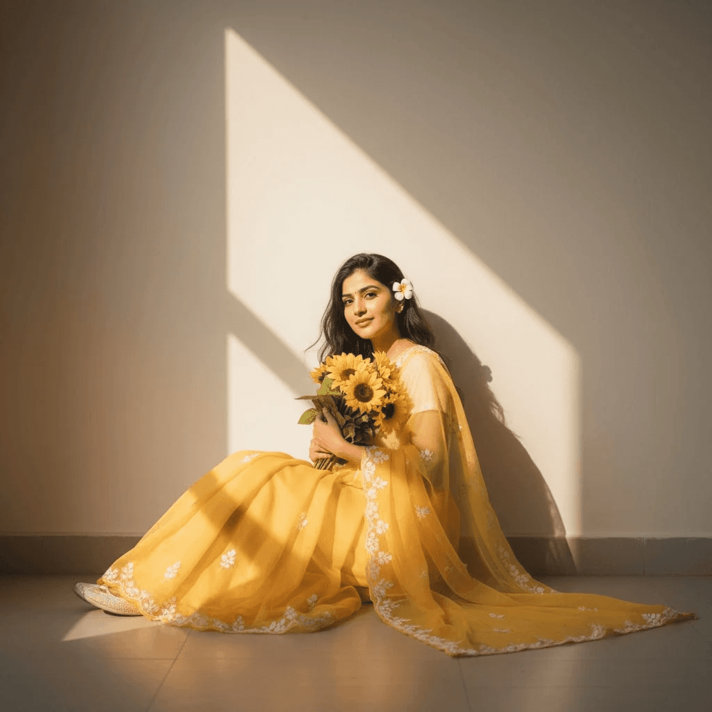 Soft sunlit portrait in a flowing yellow saree, with sunflowers and gentle expressions.