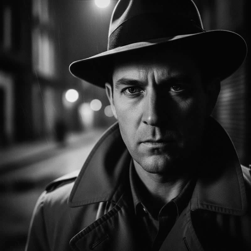 Close-up of a serious man in shadowy noir lighting.