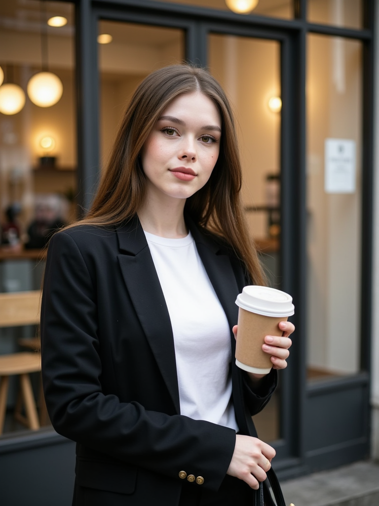 FLUX.1 [dev] character LoRA output: Half-body cafe portrait