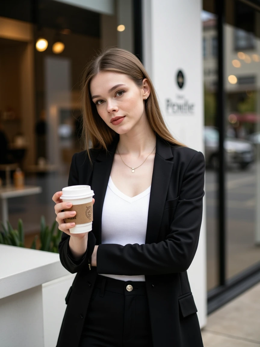 Flux Dev 1 LoRA output: Half-body cafe portrait