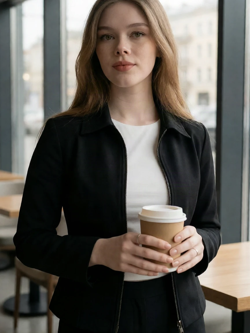 Krea 2 LoRA output: Half-body cafe portrait