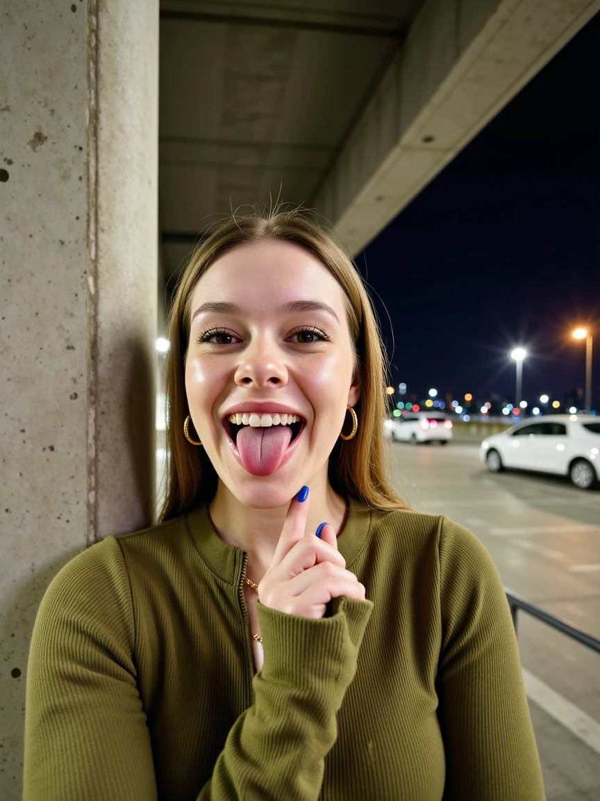 Flux Dev 1 LoRA output: Playful parking-garage selfie
