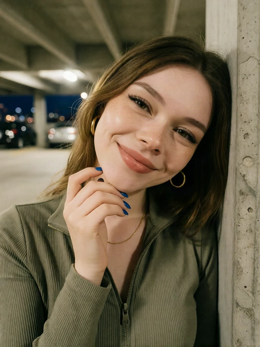 Krea 2 LoRA + InstaFame output: Playful parking-garage selfie