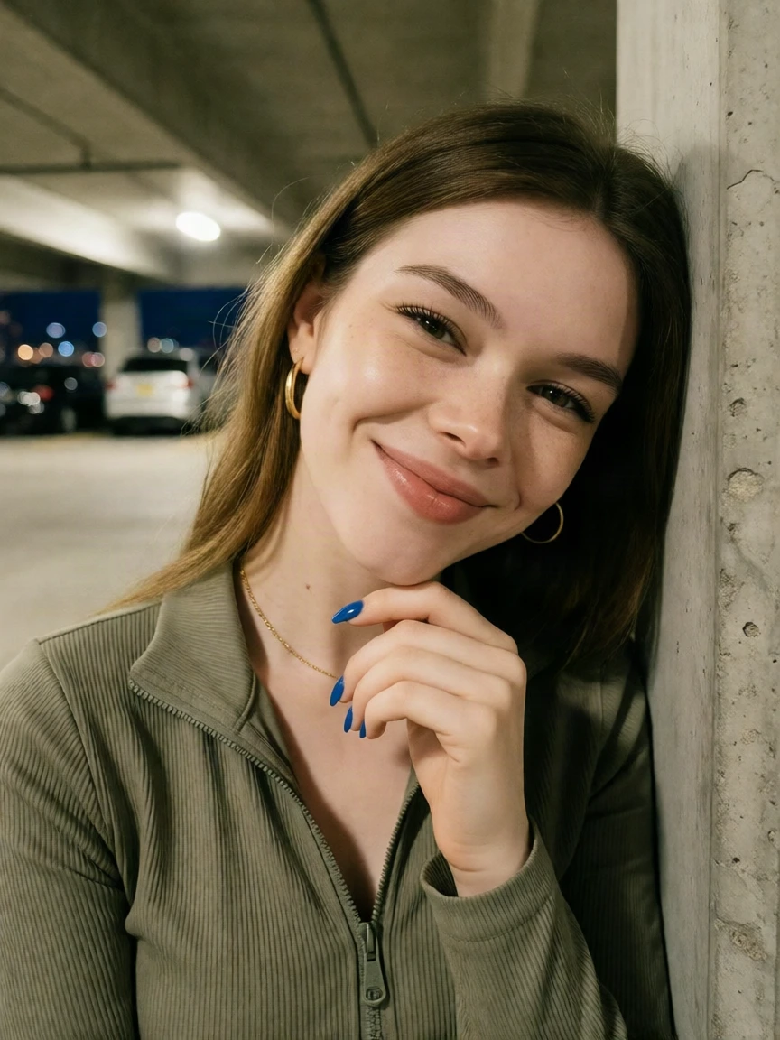 Krea 2 LoRA output: Playful parking-garage selfie