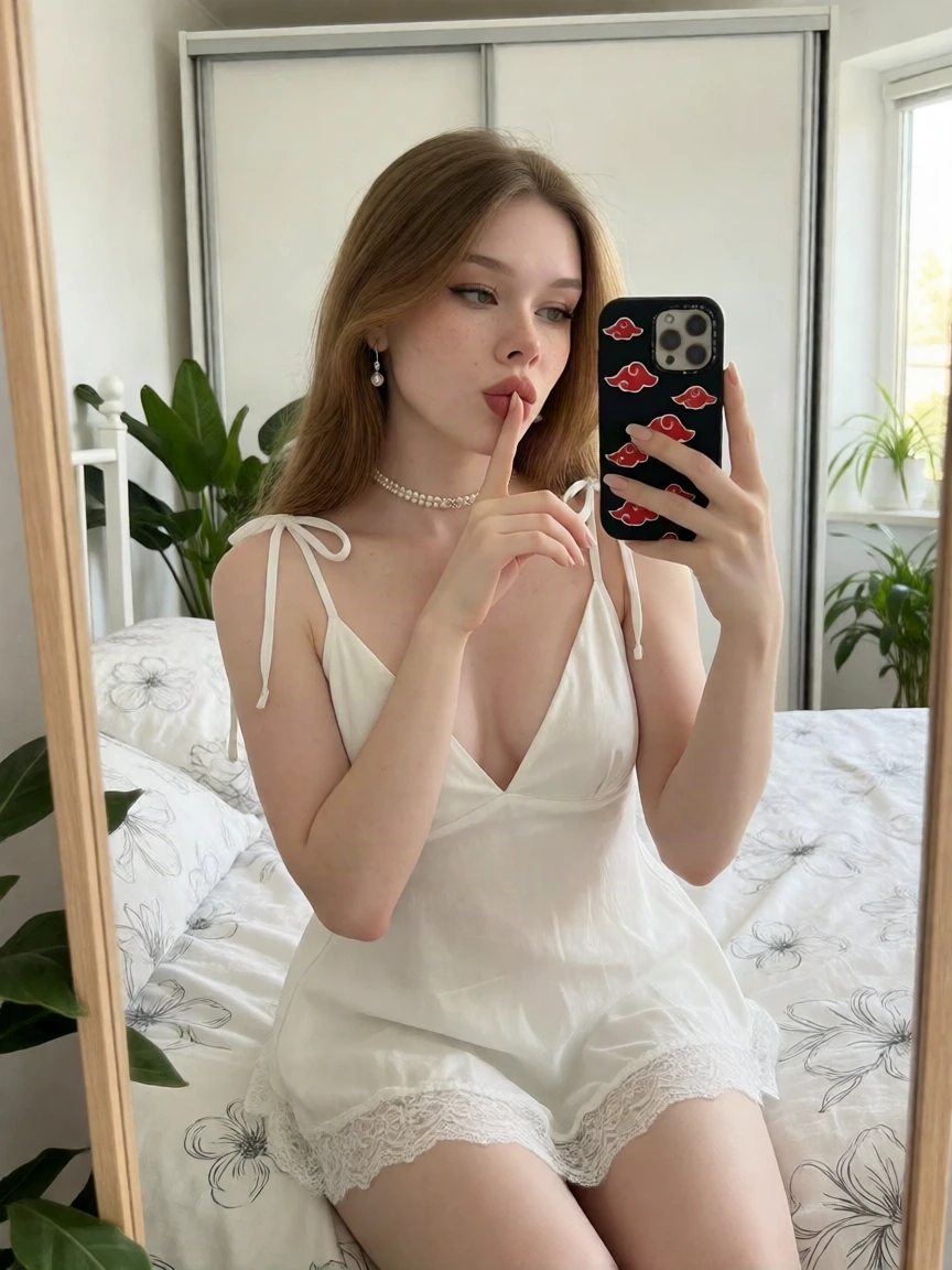 Krea 2 LoRA + InstaFame output: White bedroom mirror selfie