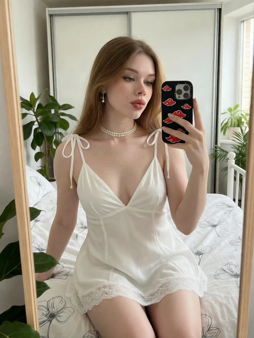 Krea 2 LoRA output: White bedroom mirror selfie