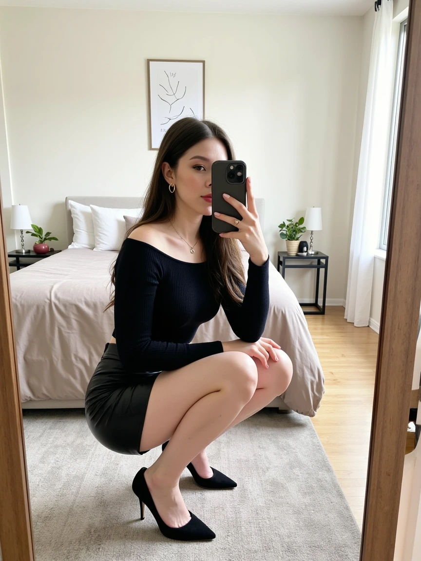 Flux Dev 1 LoRA output: Bedroom squat mirror selfie