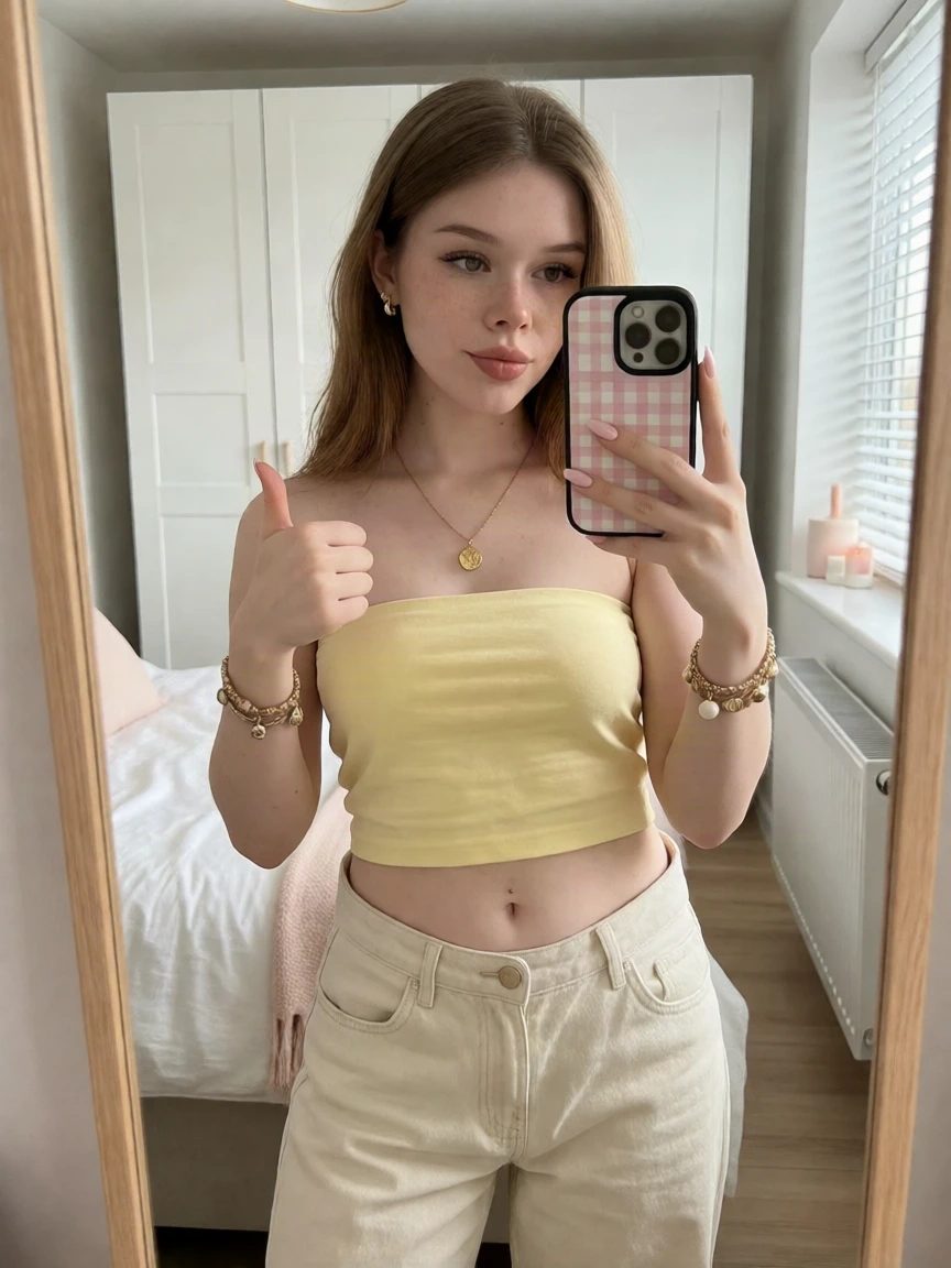 Krea 2 LoRA + InstaFame output: Yellow bandeau thumbs-up selfie