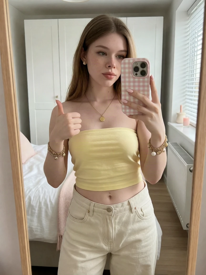 Krea 2 LoRA output: Yellow bandeau thumbs-up selfie