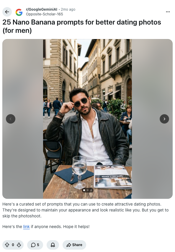 Screenshot of Reddit post: 25 Nano Banana prompts for better dating photos (for men)