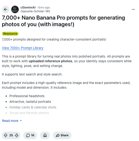 Screenshot of Reddit post: 7,000+ Nano Banana Pro prompts for generating photos of you
