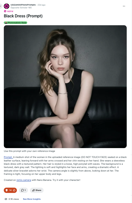 Real Reddit post showing a black dress prompt with Remix.Camera link