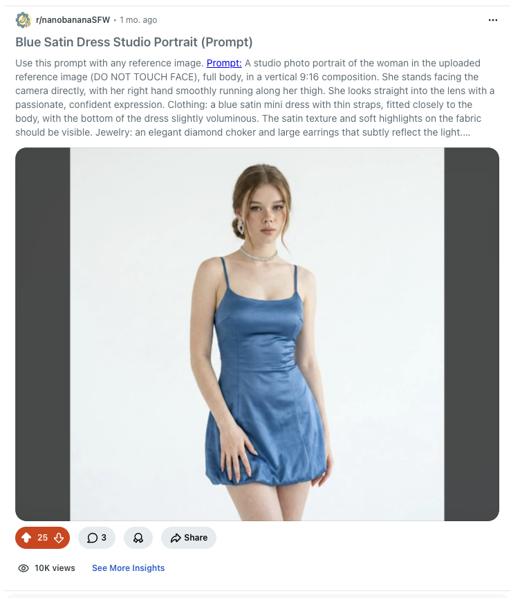 Real Reddit post showing a blue satin dress studio portrait prompt
