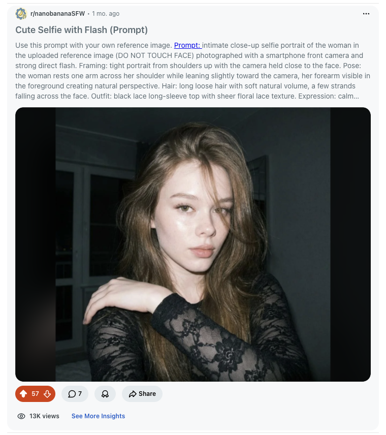 Real Reddit post showing a cute selfie with flash prompt and Remix.Camera link