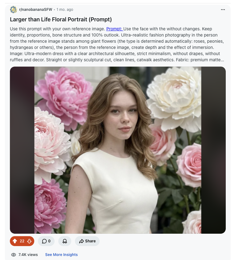 Real Reddit post showing a floral portrait prompt with Remix.Camera link
