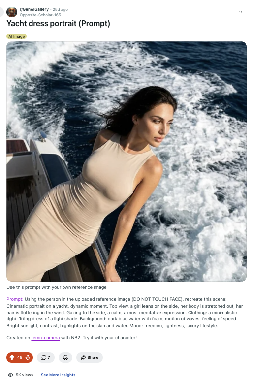 Real Reddit post showing a yacht dress portrait prompt with Remix.Camera link