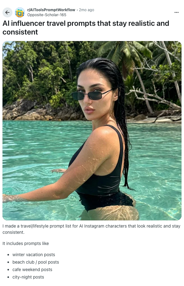 Screenshot of Reddit post: AI influencer travel prompts that stay realistic and consistent