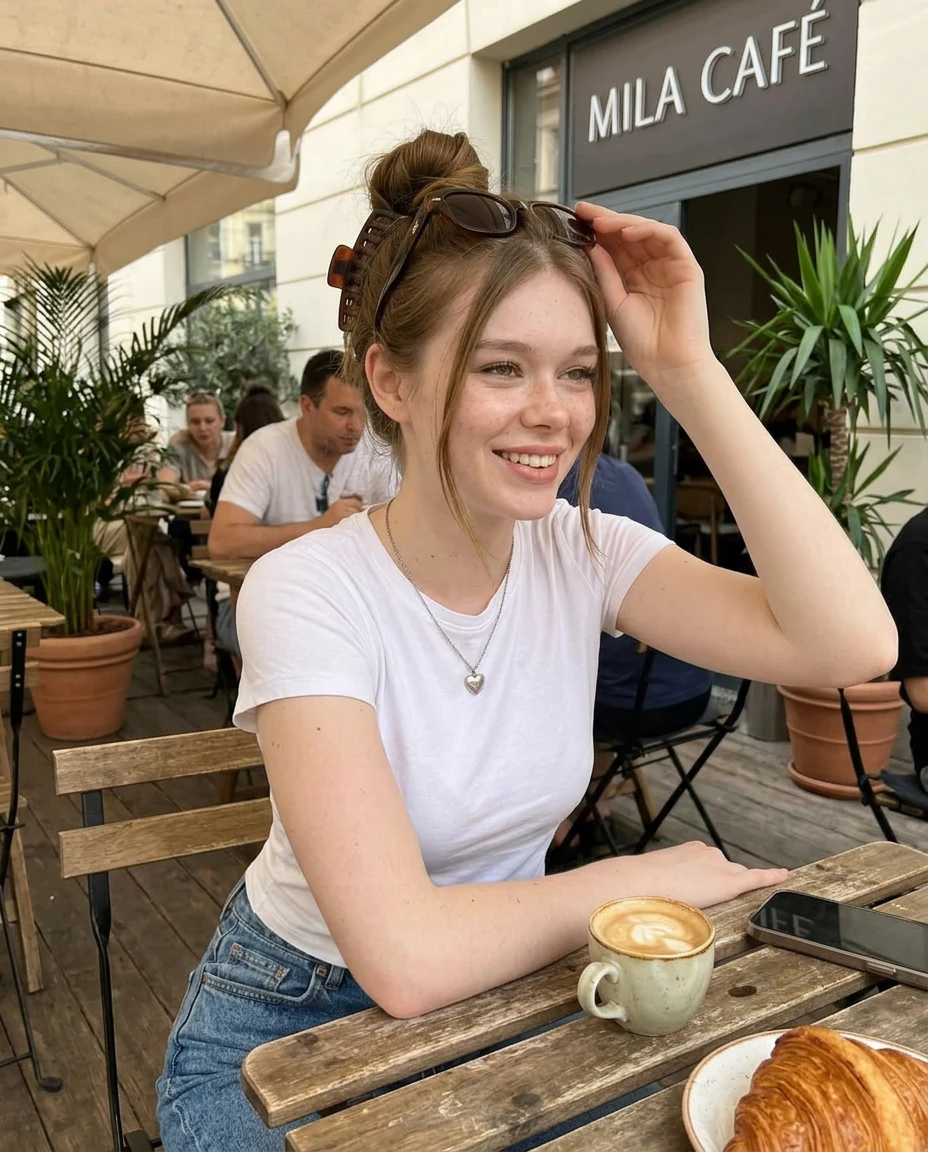 Mila sitting at a cafe generated with Nano Banana 2